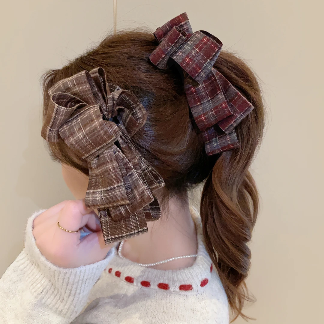 韩国复古学院风经典格纹香蕉夹显发量新款气质竖夹高马尾后脑勺夹