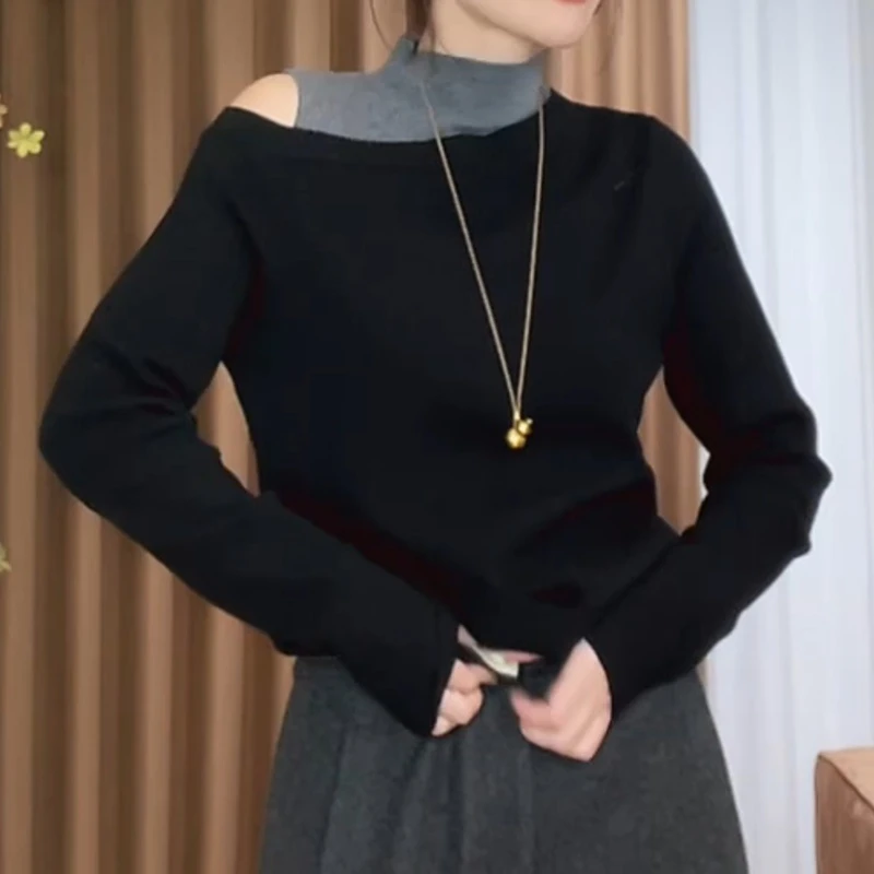 秋冬新款小众设计感拼色假两件套头针织衫LK2507146