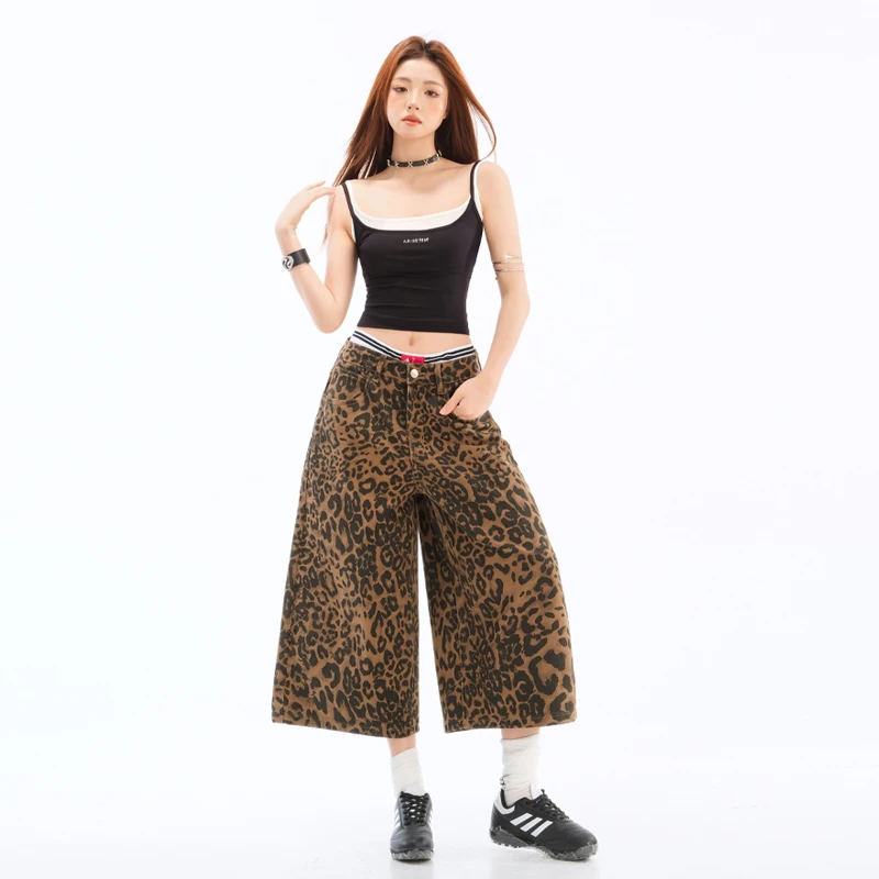 美式豹纹阔腿牛仔裤女夏季新款高腰宽松显瘦七分小个子直筒中裤