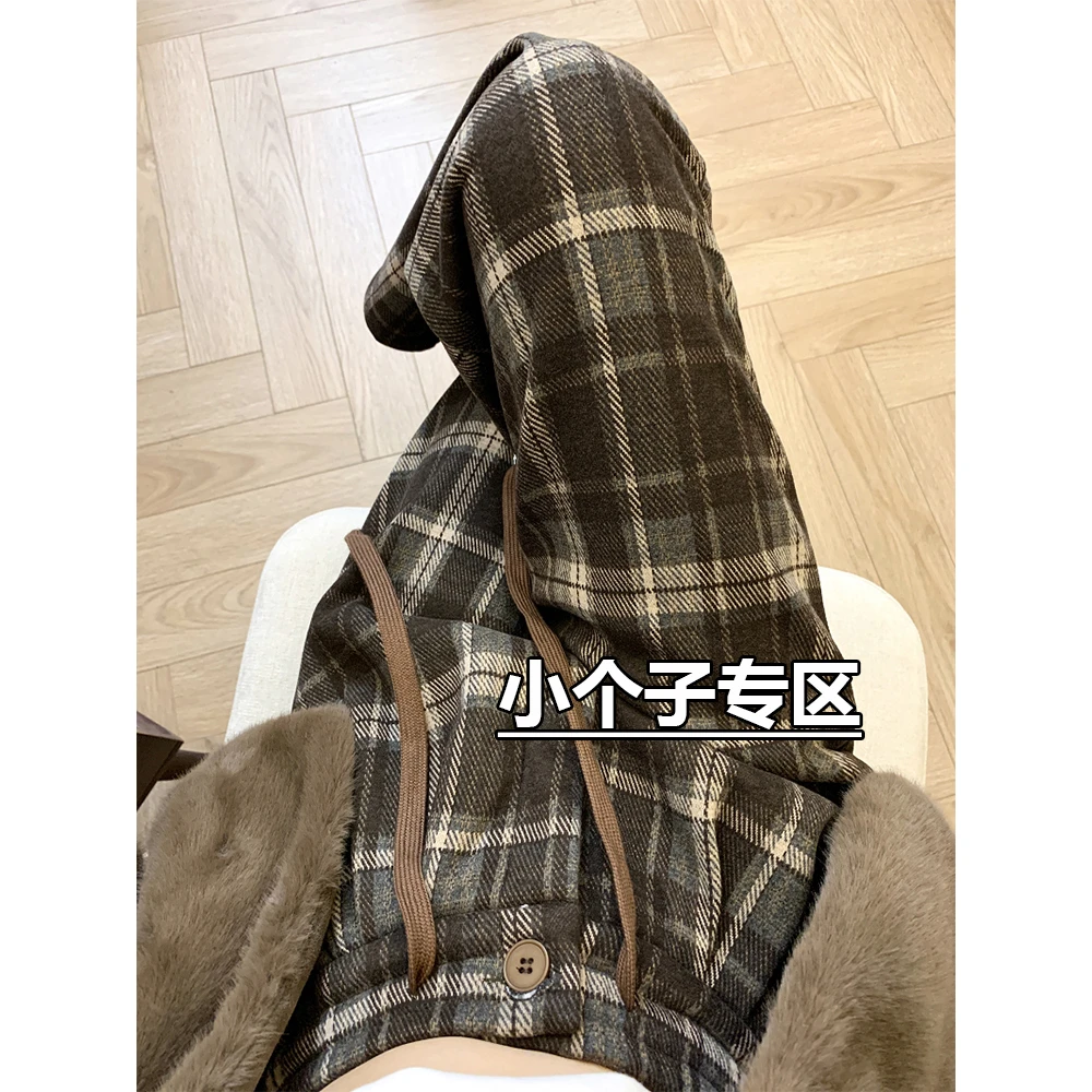 小个子咖色格子毛呢阔腿裤女秋冬加绒慵懒风宽松显瘦直筒拖地裤xs