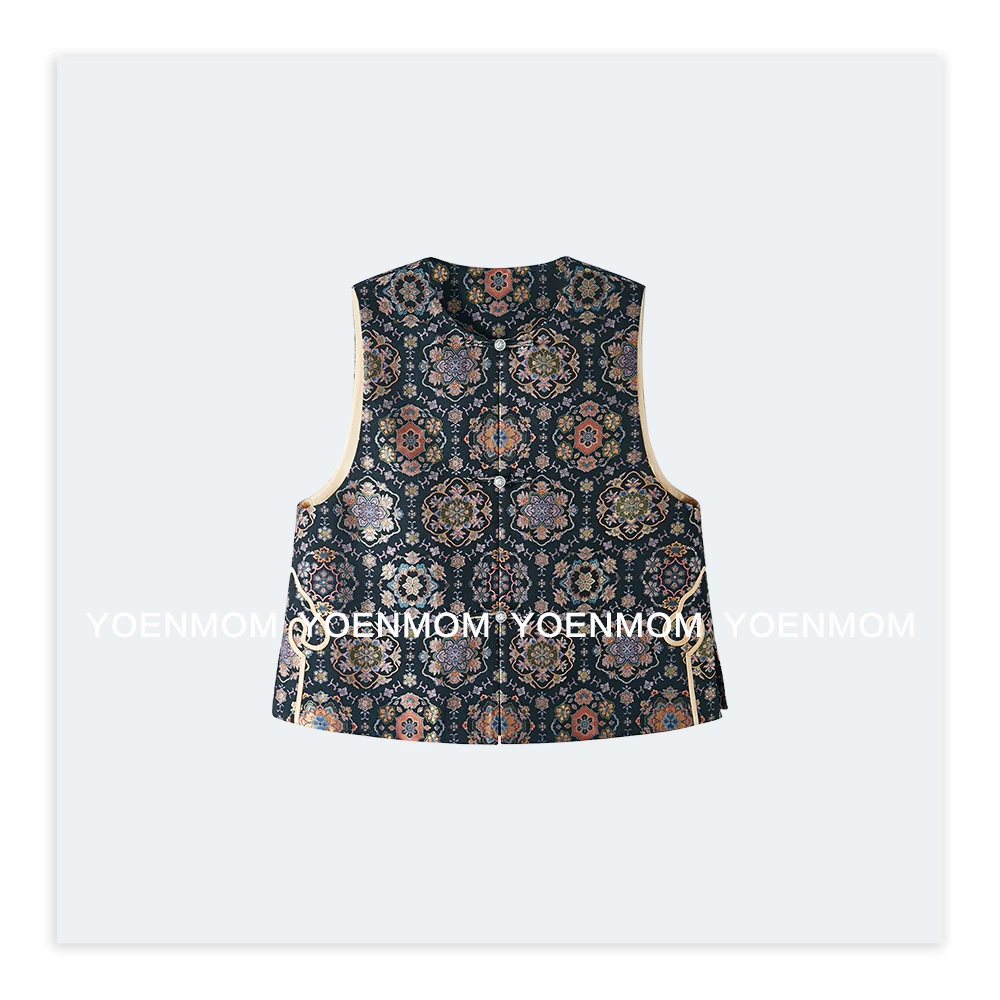 YOENMOM·墨青宝相·陆美英100桑蚕丝四重纬宋锦足银扣手工如意马甲