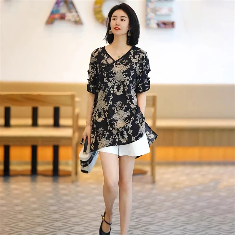新中式国风斜襟盘扣衬衫女夏季新款时尚气质宽松印花V领短袖上衣