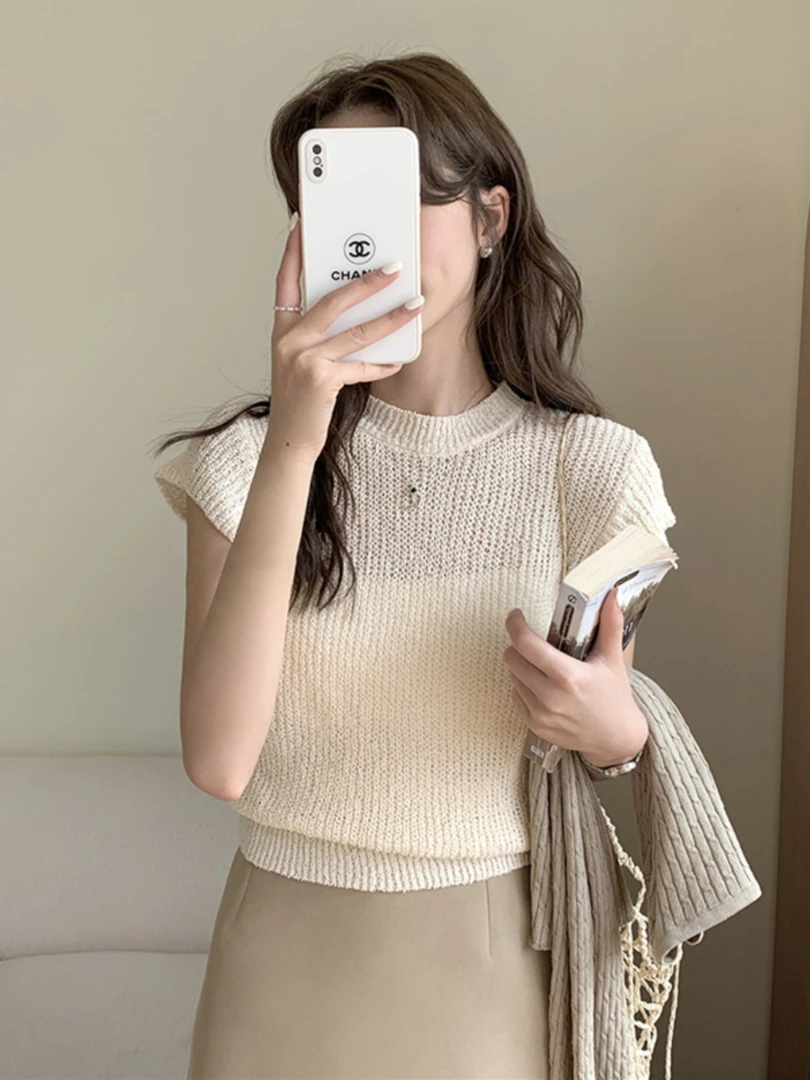 复古冰丝圆领短袖针织衫女夏季薄款设计感气质时髦显瘦短款上衣潮
