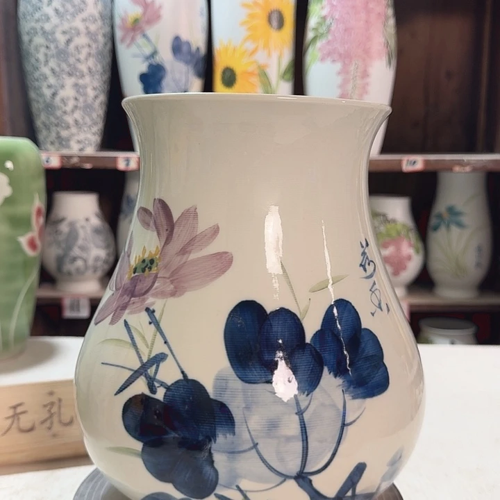 陶鱼尾高27青花荷花陶瓷