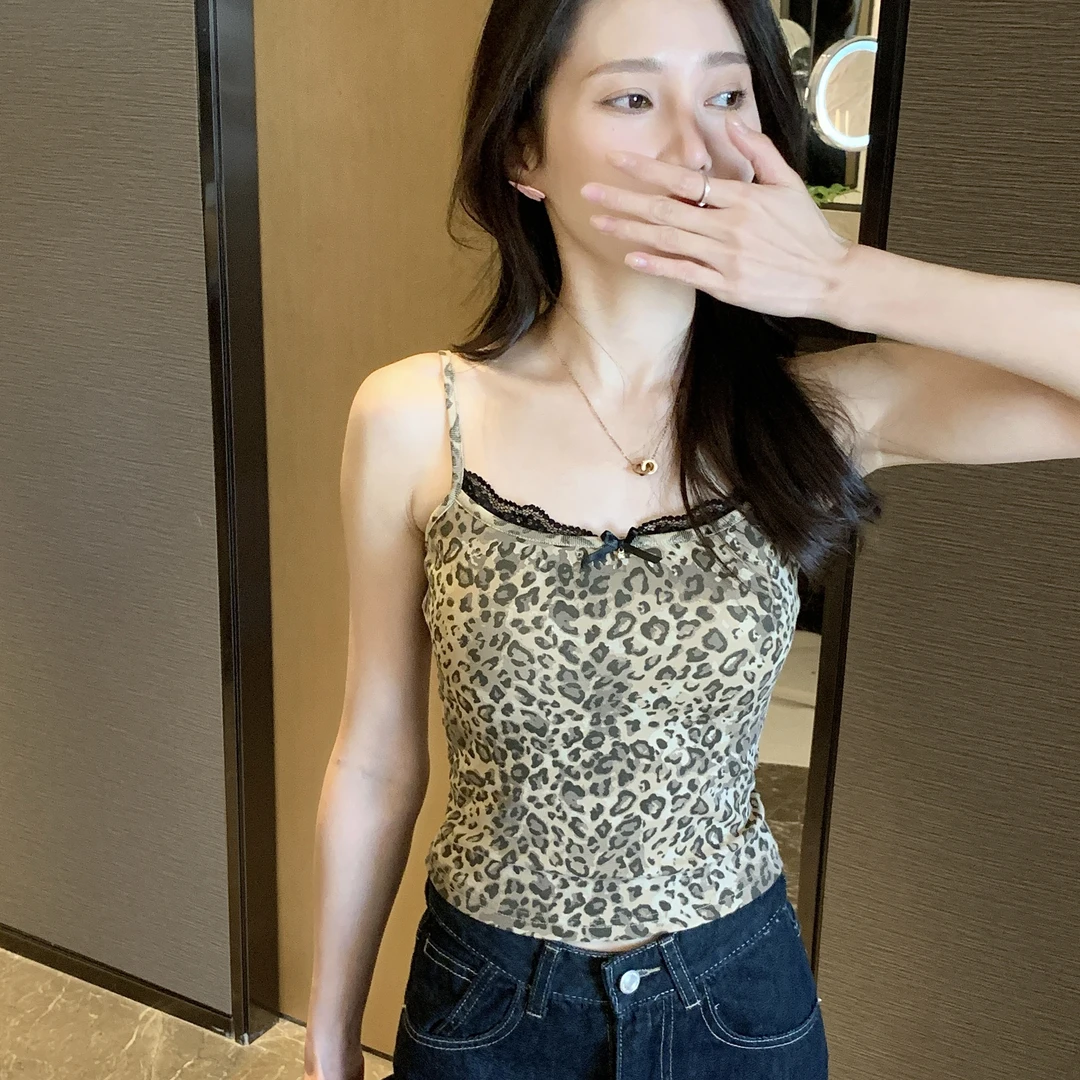豹纹固定杯吊带背心女内搭辣妹蕾丝拼接带胸垫打底上衣外穿秋冬