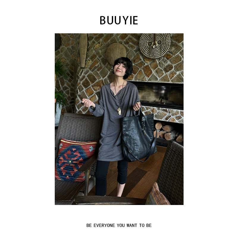 BUUYIE 25SS【隐纱】极简风小众新款时尚百搭纯色T恤 250558