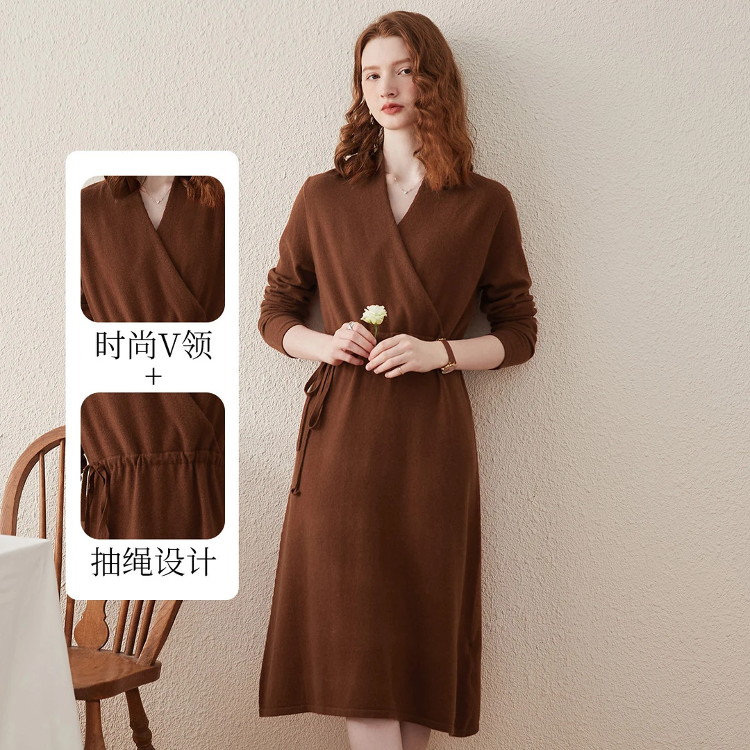 COMOBOCA/科蒙·博卡绵羊毛V领通勤时髦针织长裙羊毛连衣裙KSQ1276
