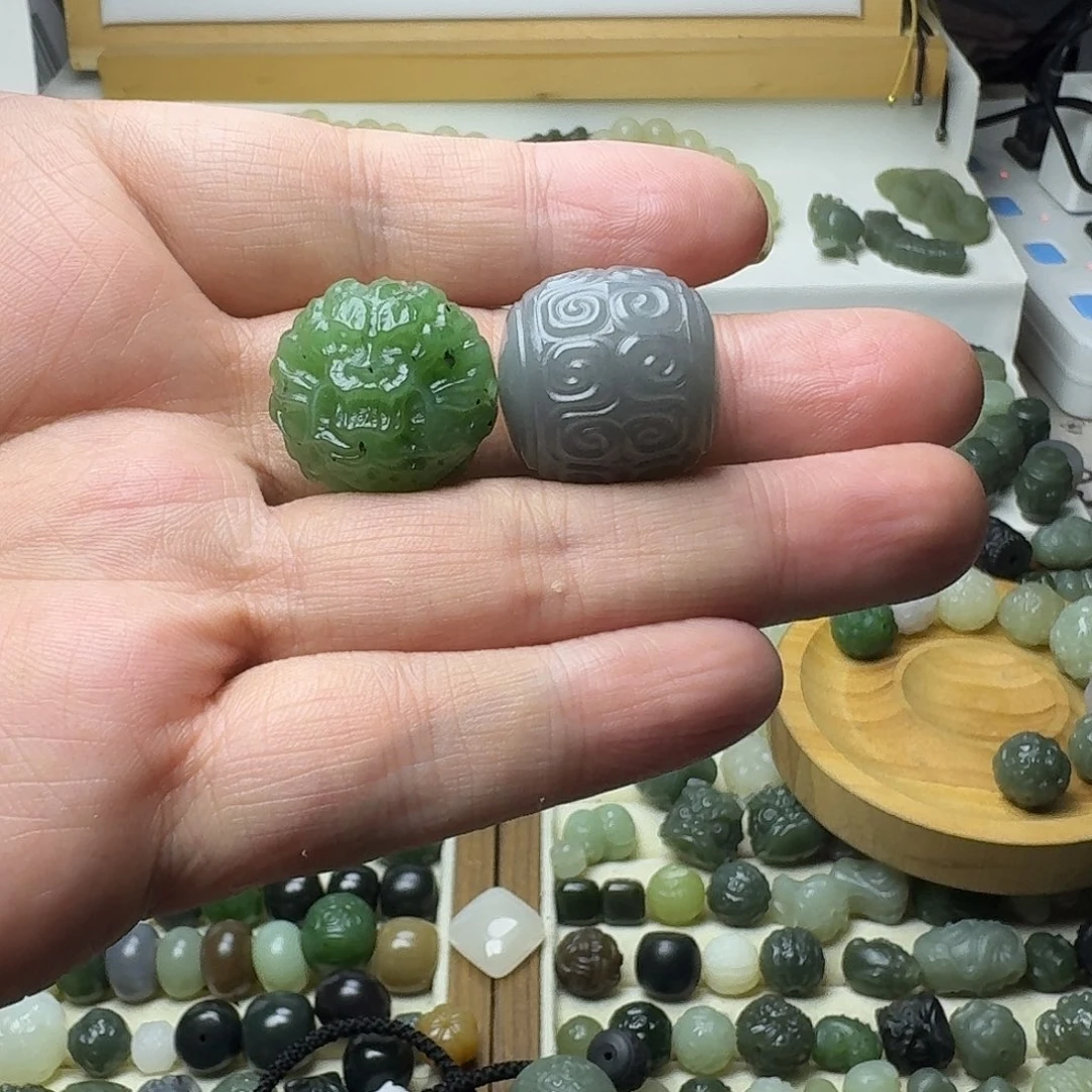 一***丁未镶嵌和田玉珠宝半成品和田玉碧玉龙珠+烟紫回纹22㎜