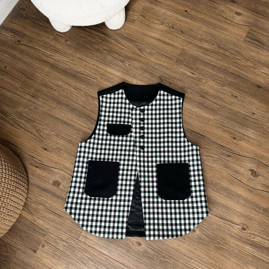 【NO退NO换清货】西服马甲时尚小众设计洋气黑白格子休闲西装马甲女