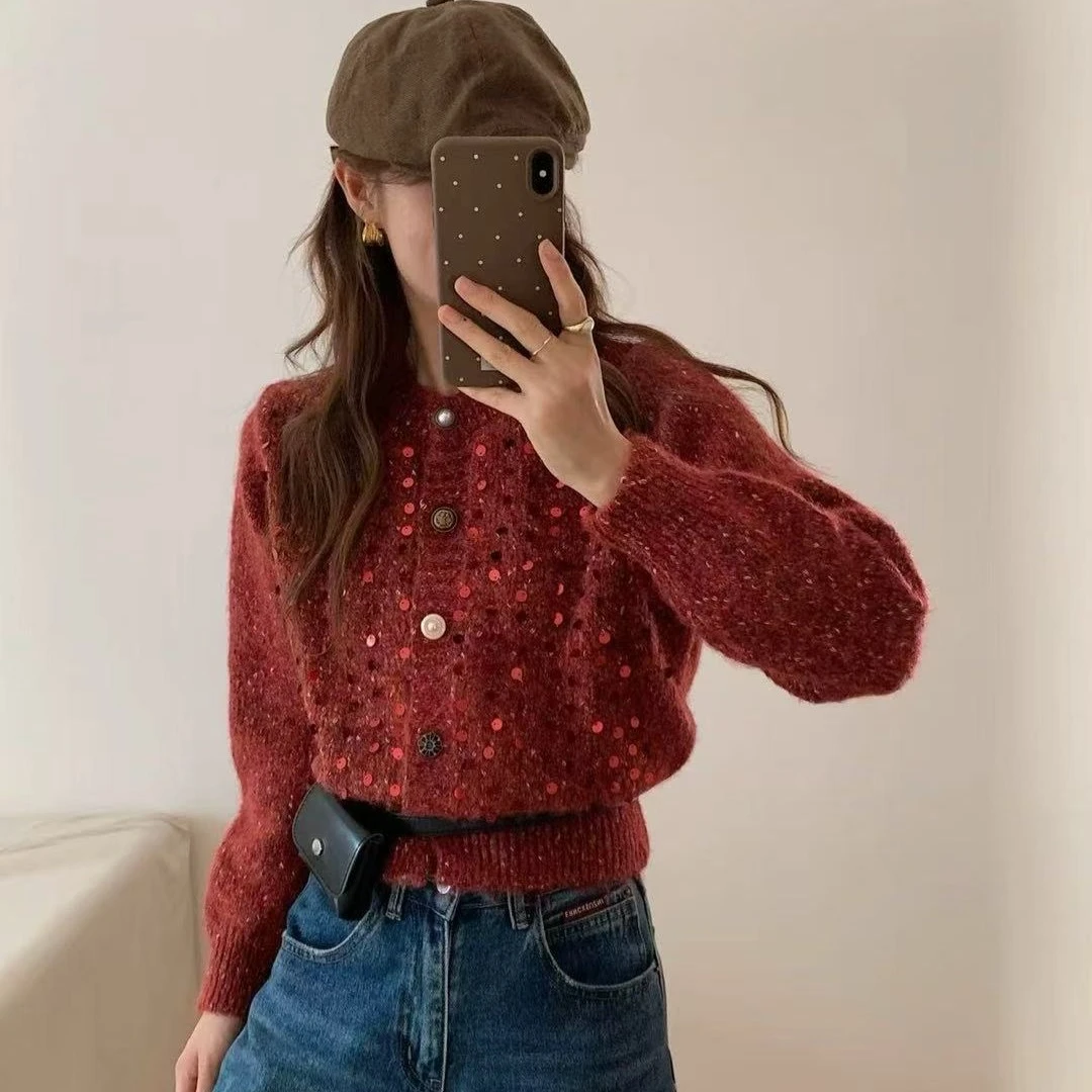 新年红色圆领开衫毛衣女小个子秋冬新款亮片针织衫高级感短款外套
