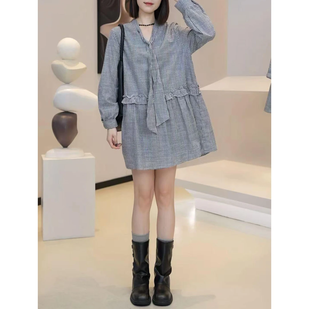时尚韩版百搭格纹衬衫裙女2025秋季新款洋气宽松显瘦中长款连衣裙