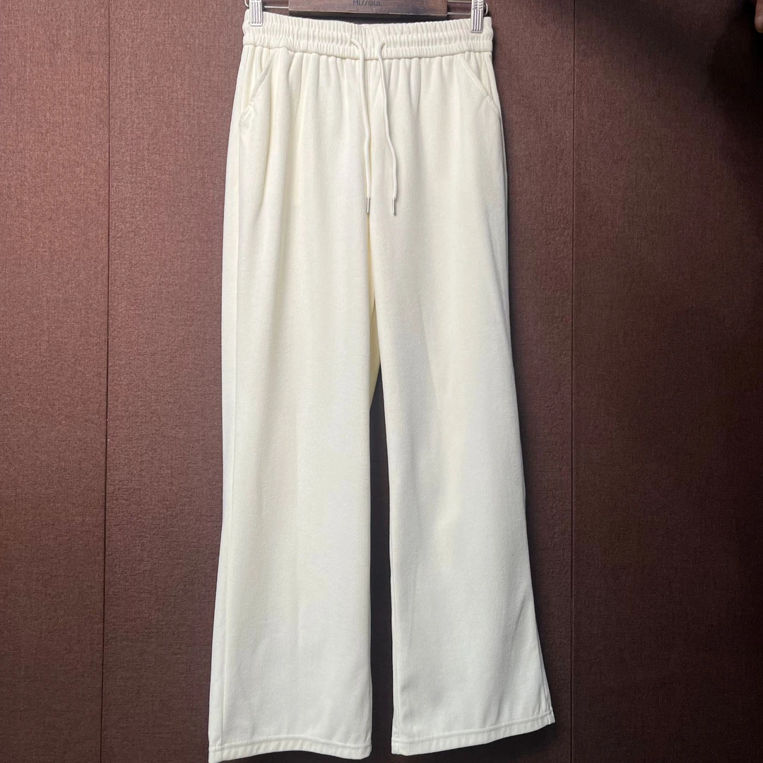 时尚休闲百搭显瘦加长中厚米白色雪尼尔阔腿裤