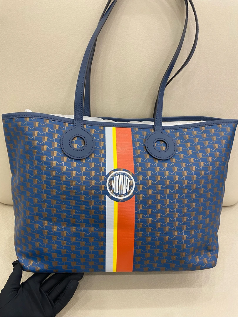 99新 MOYNAT/摩奈 中号深蓝色购物袋 托特包 经典三色竖条纹