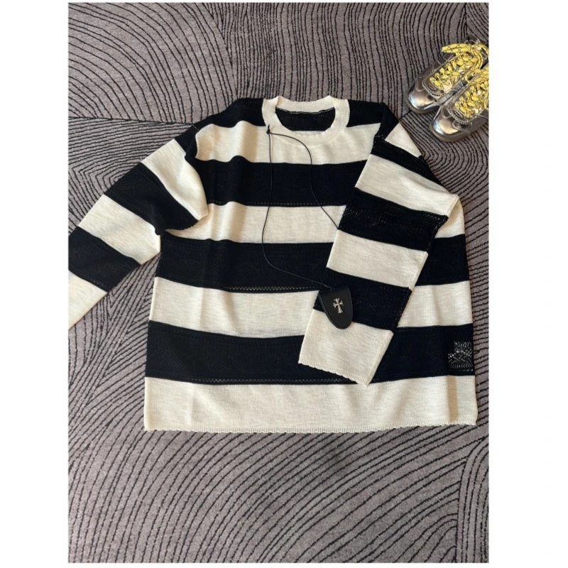 【YF】时尚百搭宽松慵懒风条纹圆领长袖撞色显瘦打底针织上衣