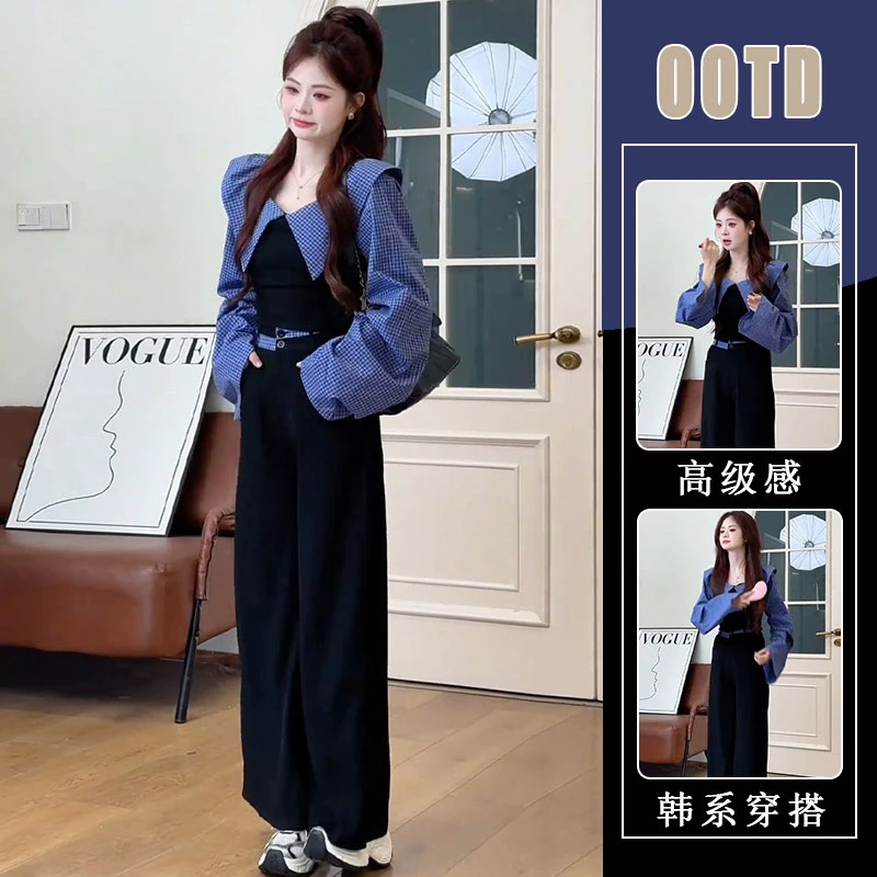 2025春季一整套ootd穿搭超火减龄设计感洋气时髦阔腿裤两件套装女