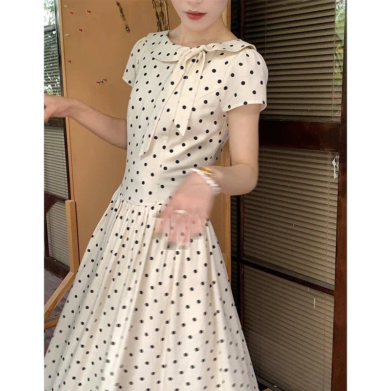 法式复古A字波点无袖连衣裙夏季气质娃娃领长裙07172/07180