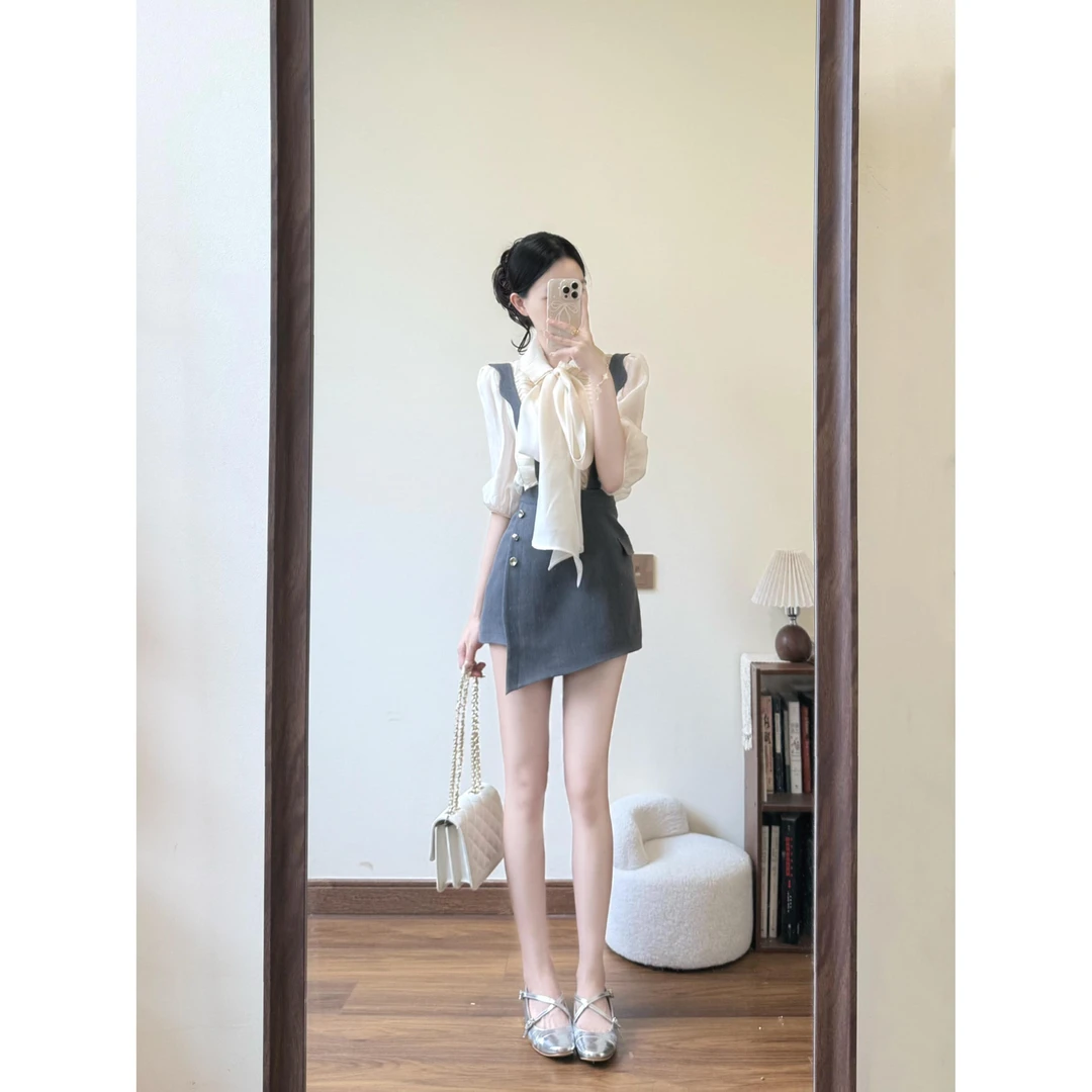 法式气质绑带泡泡袖衬衫收腰显瘦裤裙2025夏季高腰显瘦短裙两件套