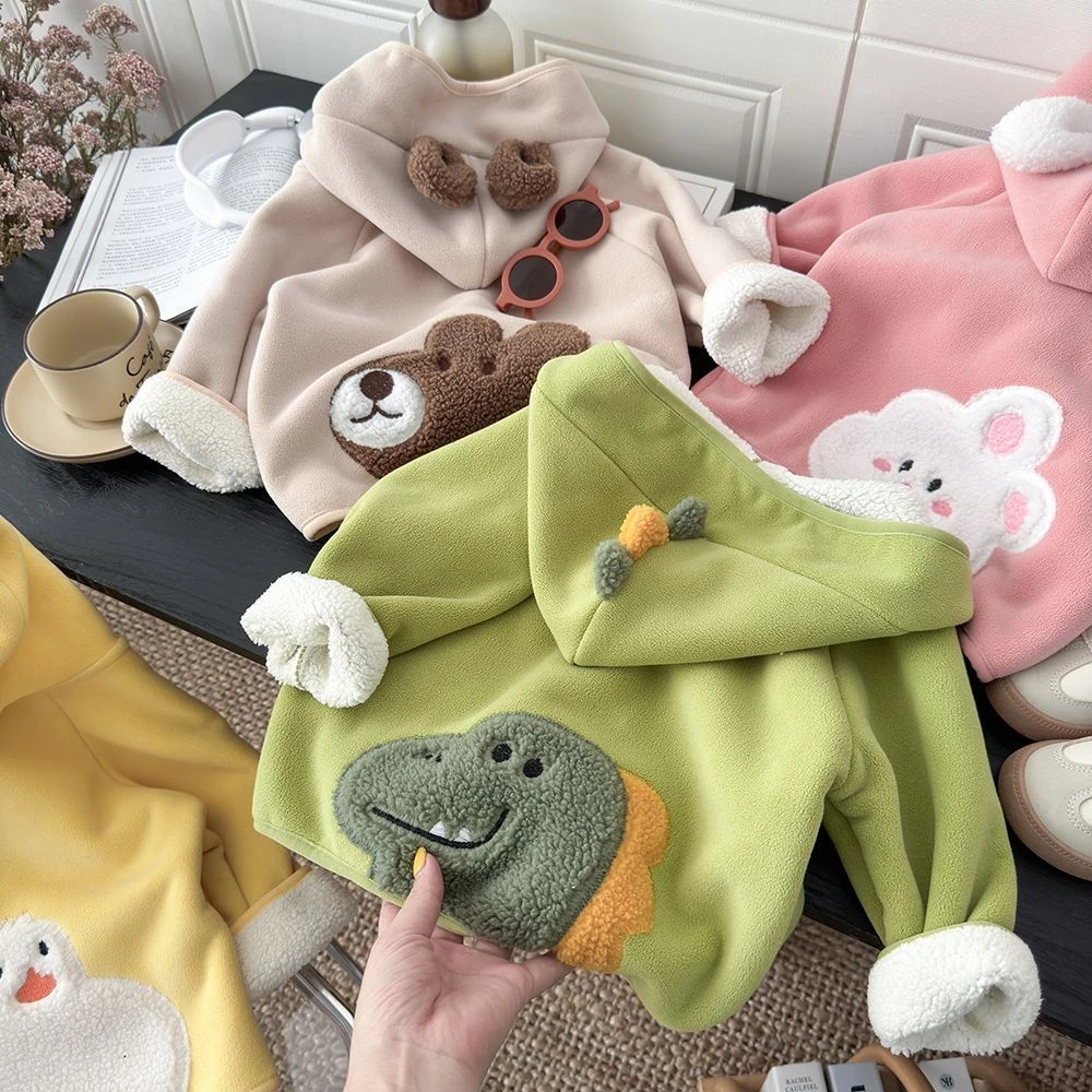 儿童奥粒绒外套加绒加厚韩版保暖洋气秋冬卡通连帽毛绒小童外套LQ