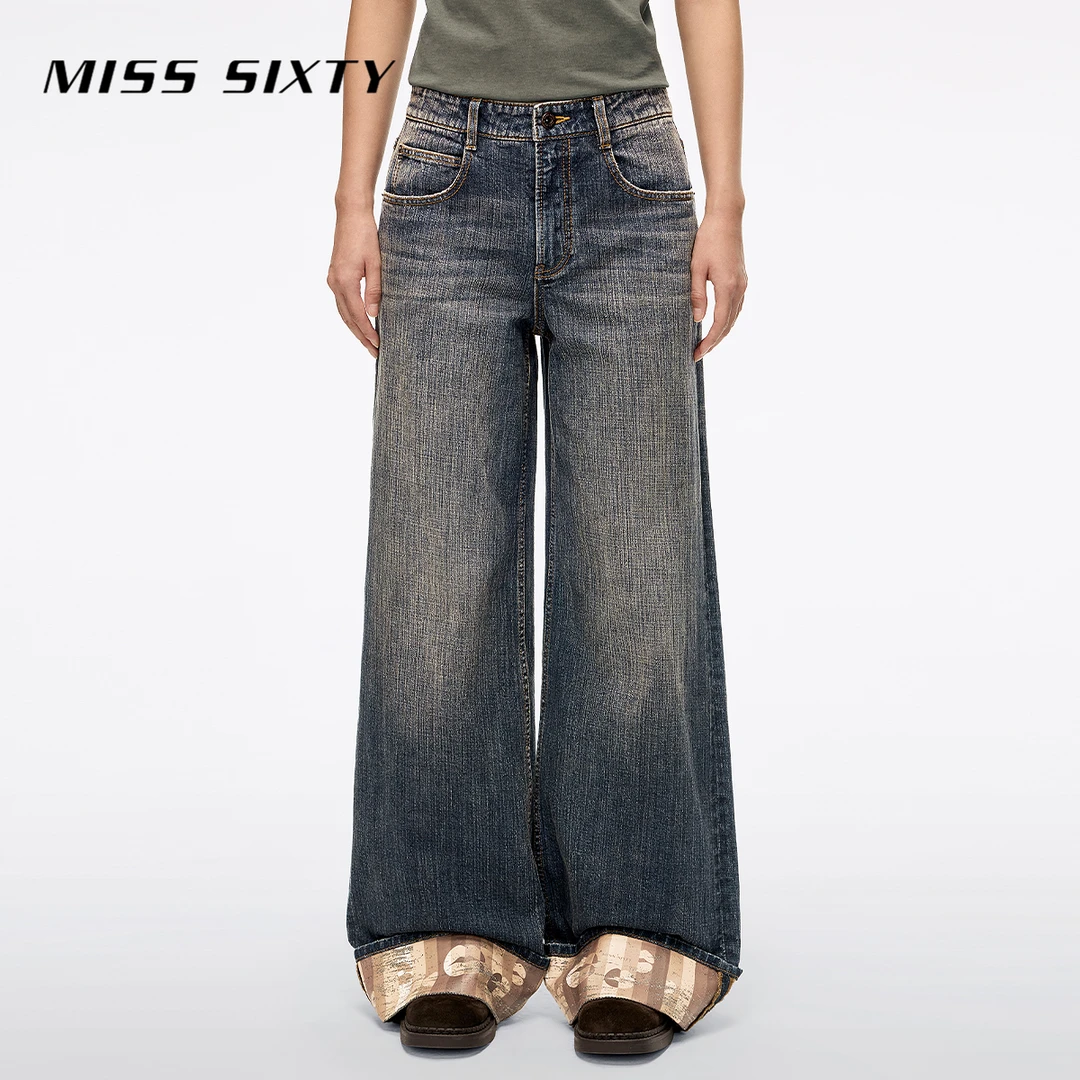 Miss Sixty2025冬季新款牛仔裤女嘴唇印花翻边小众休闲百搭直筒裤