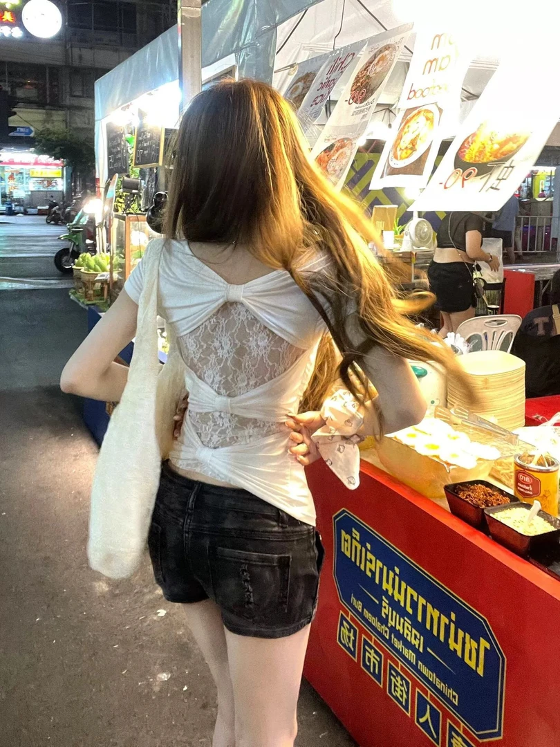 依依家3329纯欲风露背常规气质短袖纯欲T恤打底衫蕾丝性感纱网