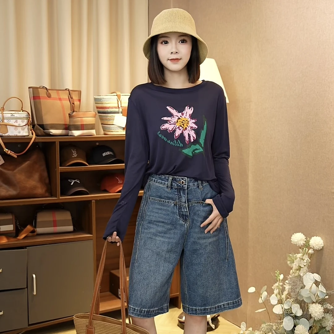 【紫藤花】天丝面膜T恤女欧洲站2025秋装新款女装薄款长袖防晒衣潮