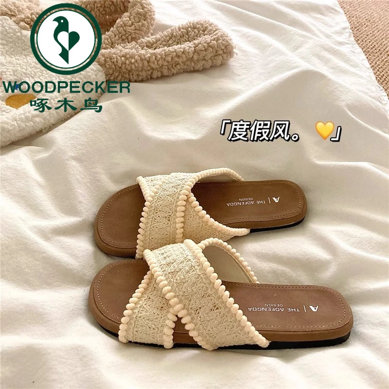 啄木鸟漫步度假风慵懒编织拖鞋夏季ins外穿透气沙滩一字凉拖鞋潮