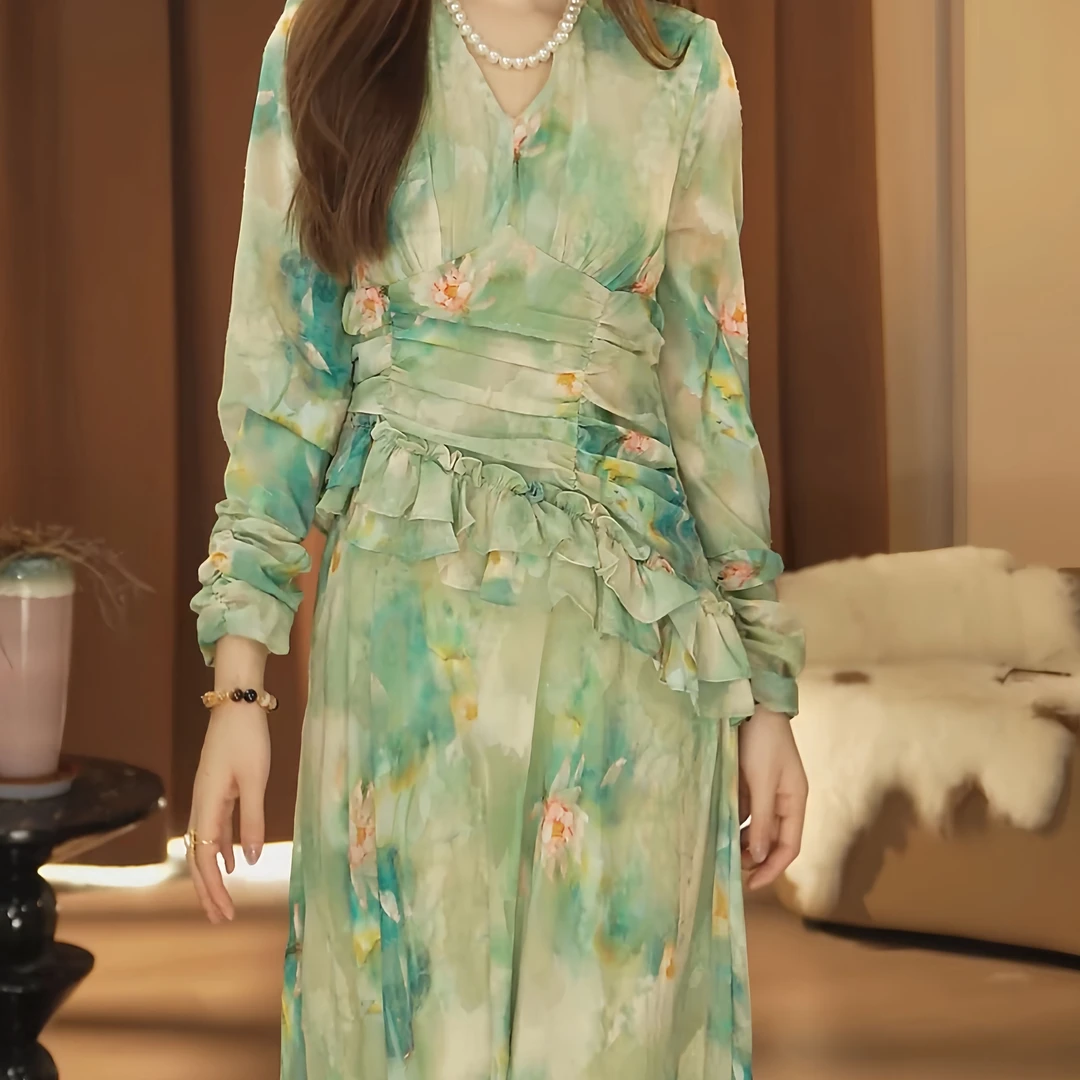 【潇潇】法式气质修身小众高级设计感收腰显瘦印花连衣裙-F800