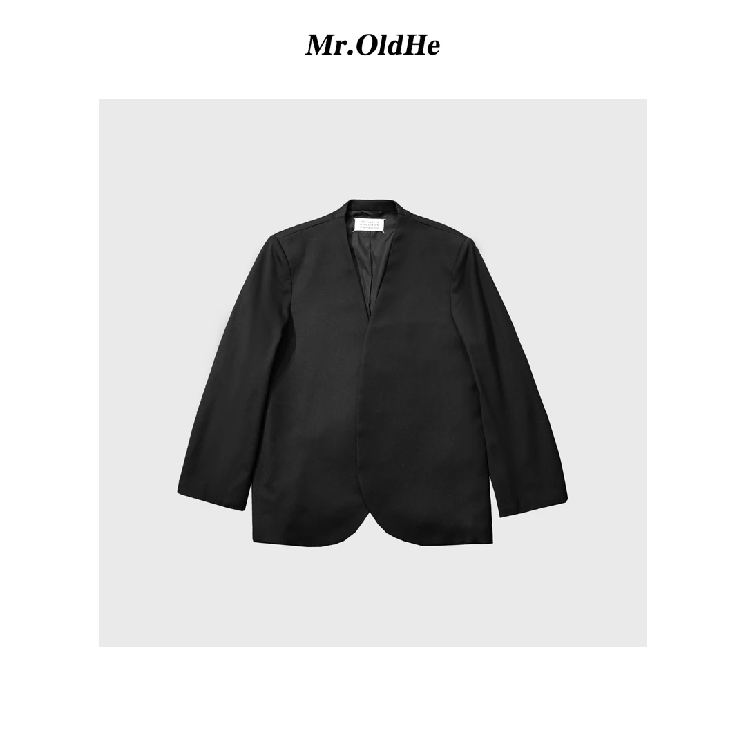 黑色羊毛长袖无领极简风春夏西装