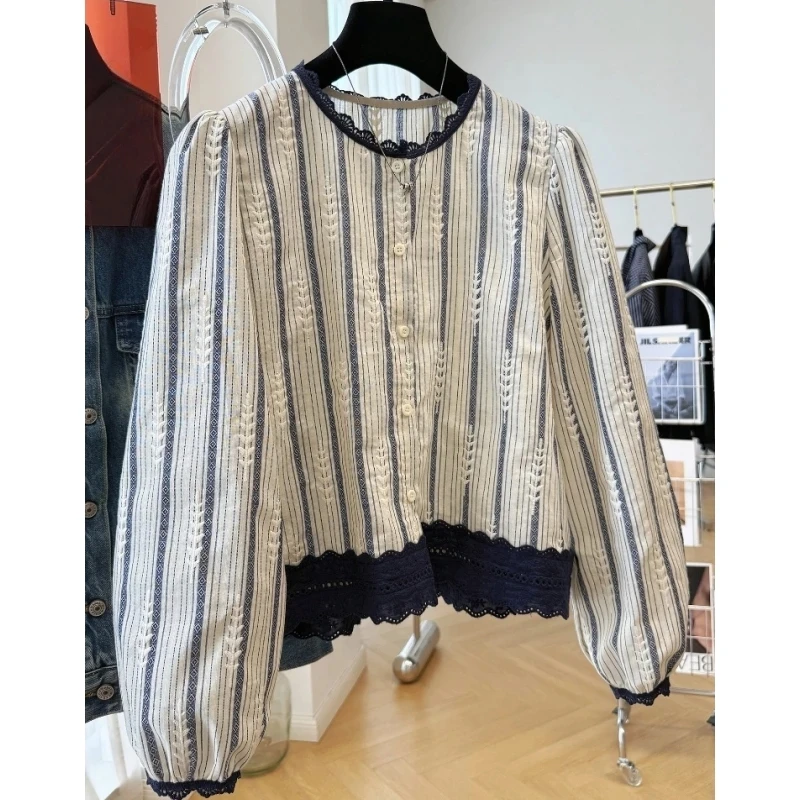 2025年早秋新款韩版时尚蕾丝花边长袖衬衫女洋气高级感复古上衣潮