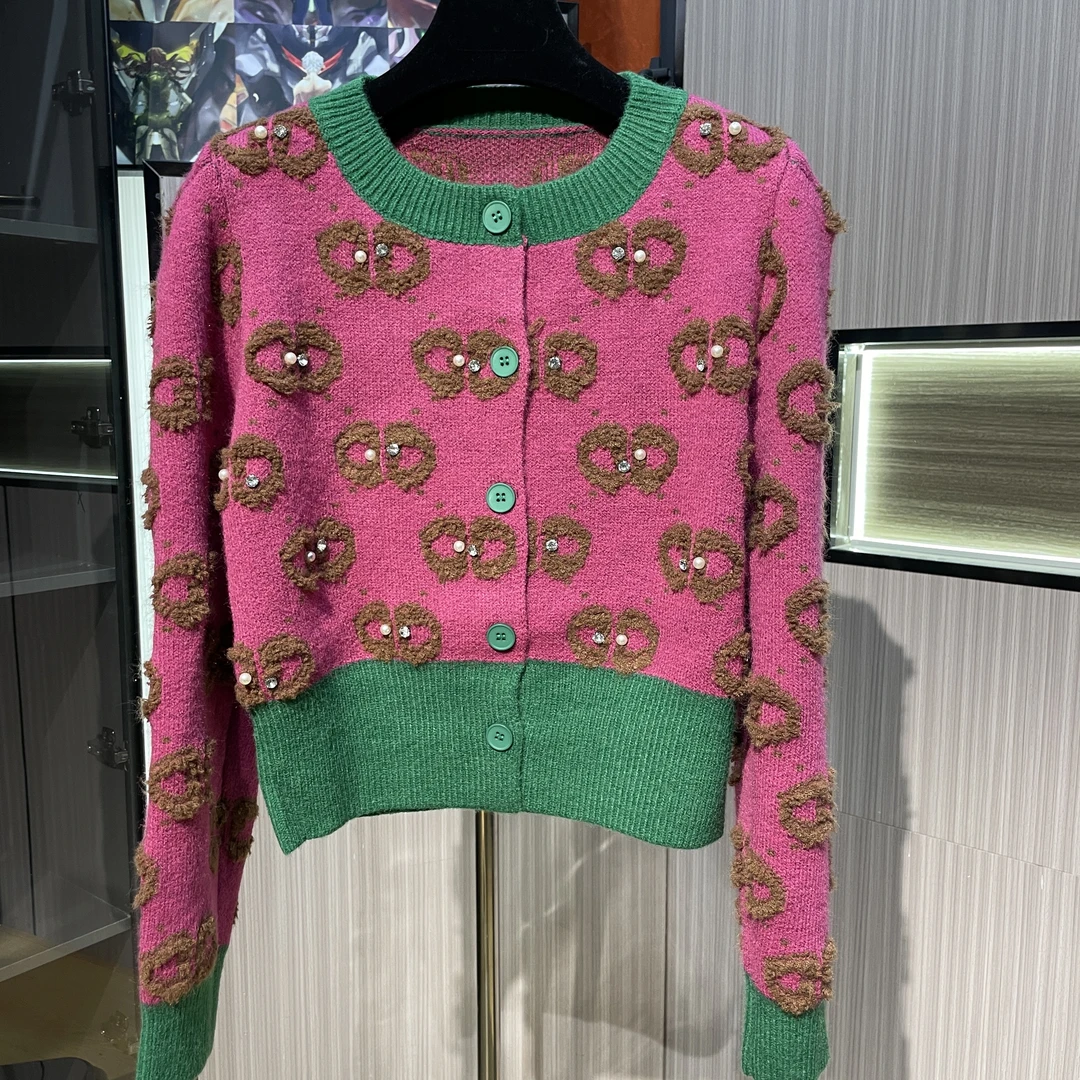 <猪猪出品>红人上新气质小香风网红时尚百搭拼色针织绣花圆领开衫