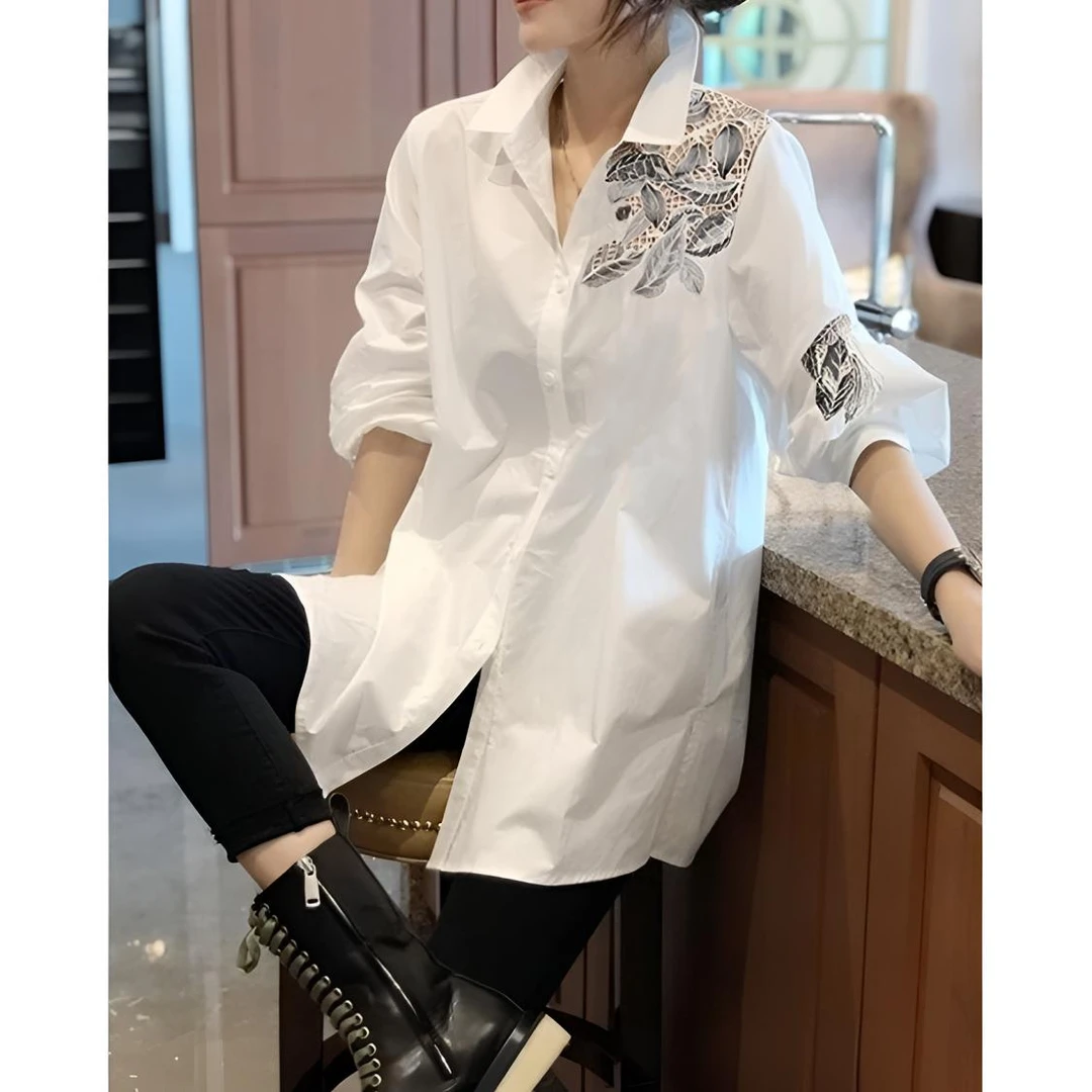 纯白色立领衬衫女韩版宽松大码中长款衬衣春季2024年新款货欧洲站