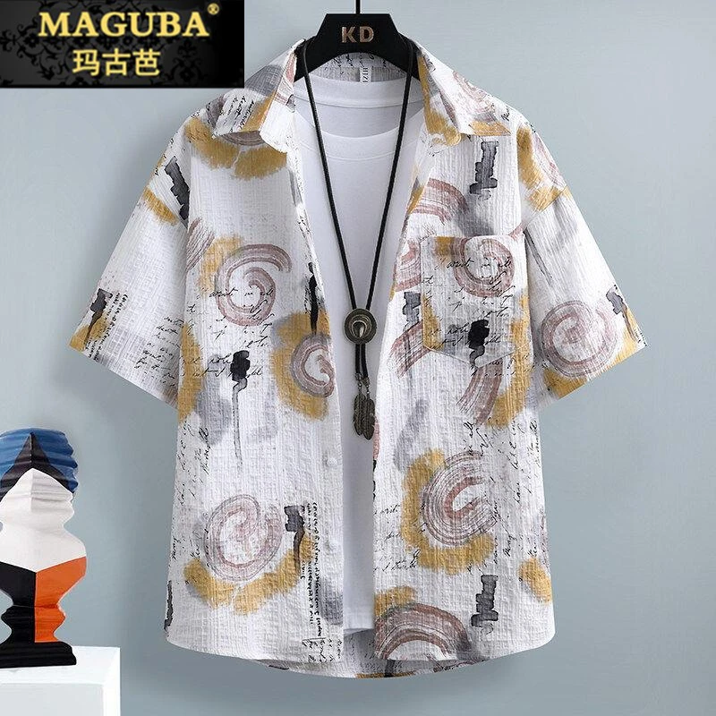 MAGUBA/玛古芭夏季短袖衬衫男士潮流痞帅印花时尚青少年宽松衬衣