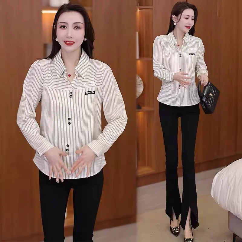 时尚条纹长袖衬衫女2025春季新款洋气百搭减龄显瘦宽松休闲上衣潮