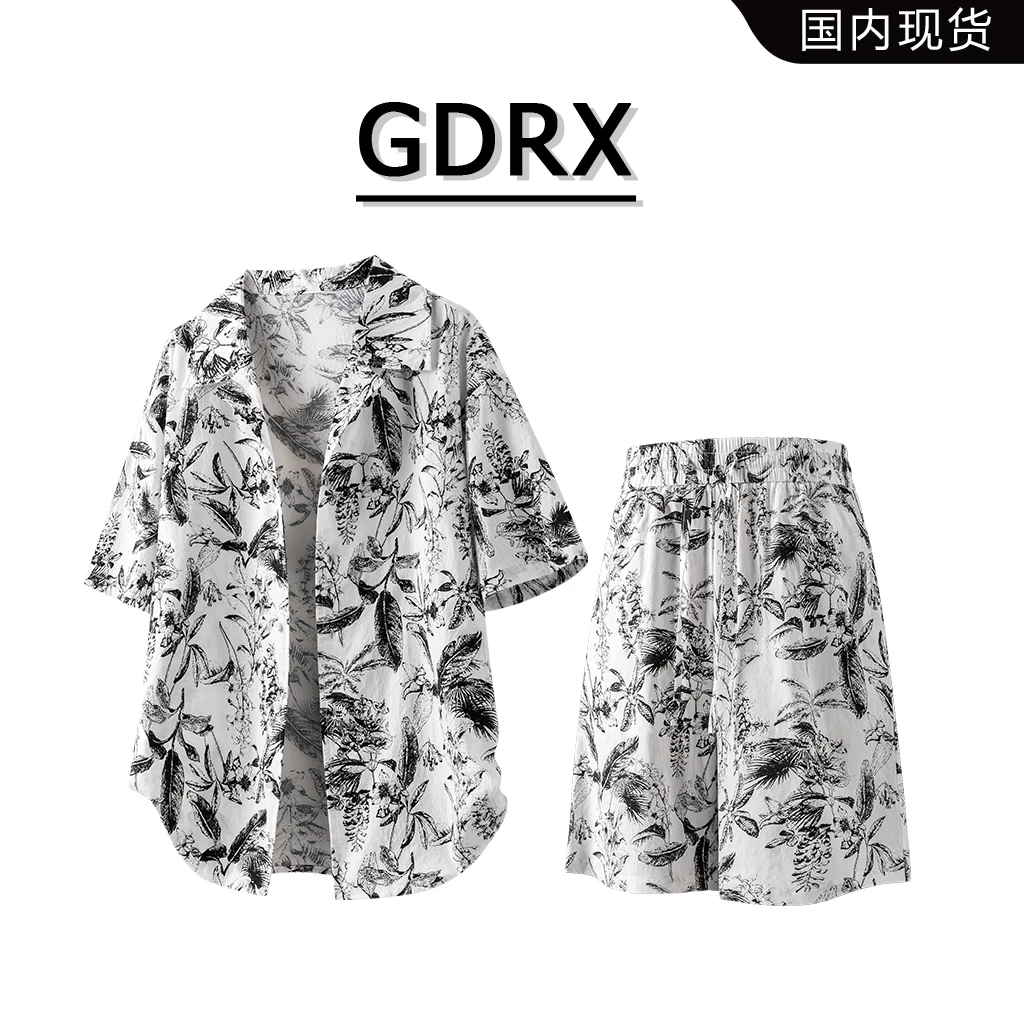 GDRX冰丝衬衫套装男夏季新款中式水墨扎染设计感休闲运动两件套潮