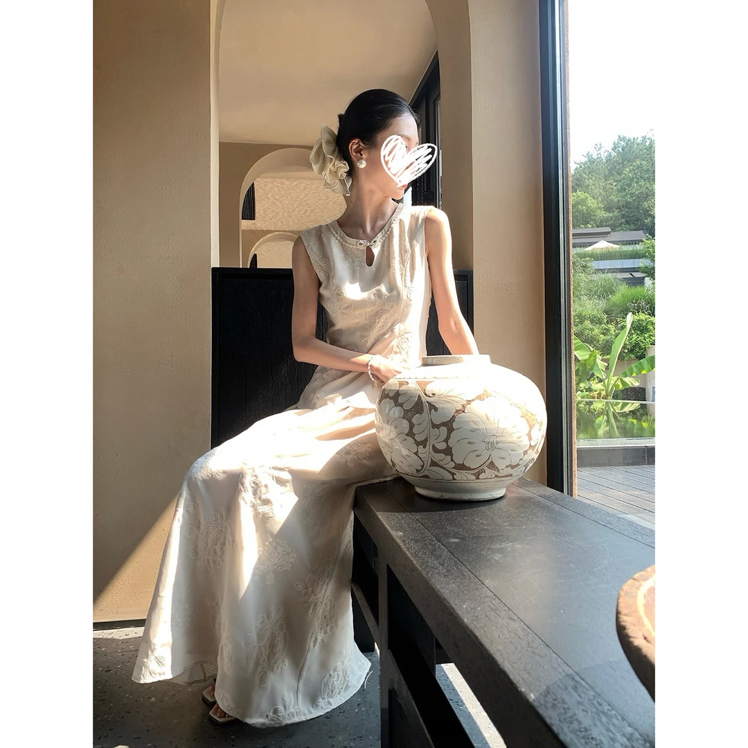 【清香玉】轻中式绣花无袖背心女夏季雪纺a字半裙套装