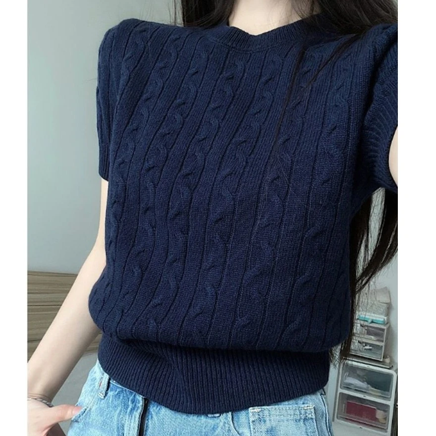 韩版复古麻花圆领短袖针织T恤女夏季2025新款休闲百搭打底衫上衣