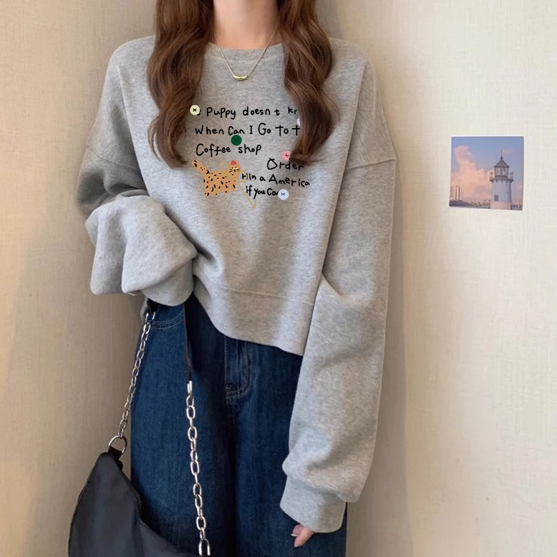 圆领套头短款卫衣女加绒加厚长袖灰色上衣高腰显瘦小个子春秋薄款