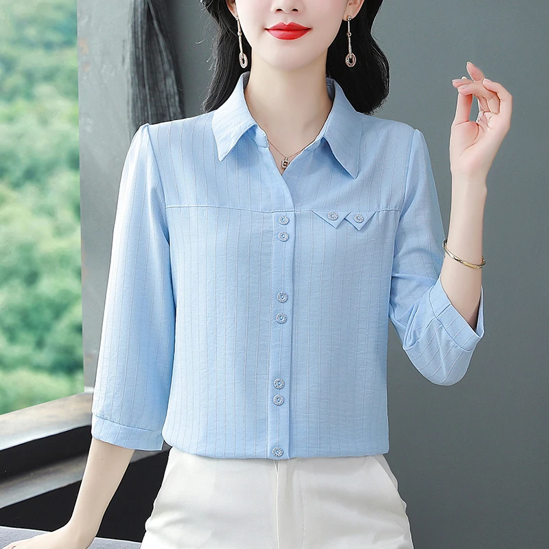 七分袖衬衫女妈妈装显瘦时尚纯色韩版衬衣上衣2025夏季新款