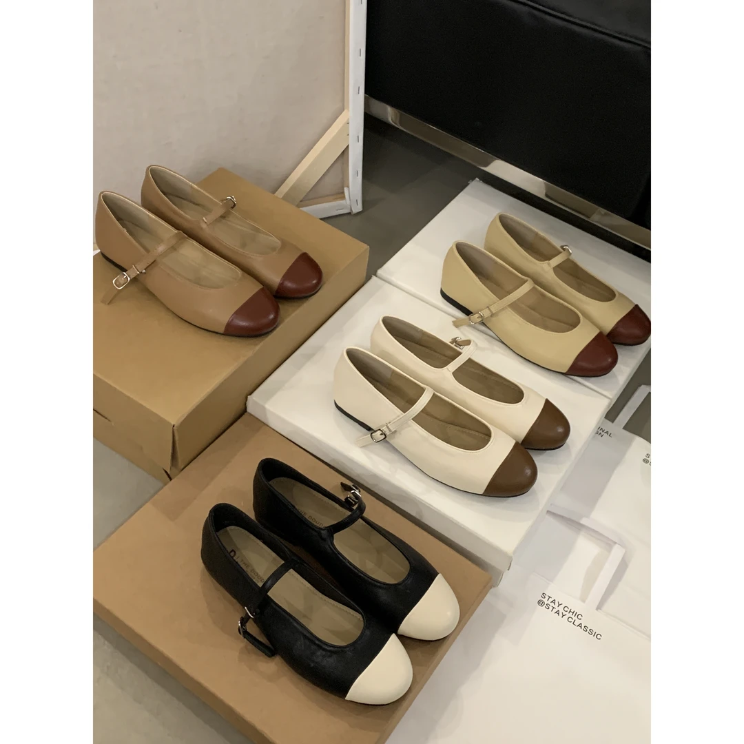 6158-8#韩系复古高级感气质拼色圆头玛丽珍单鞋