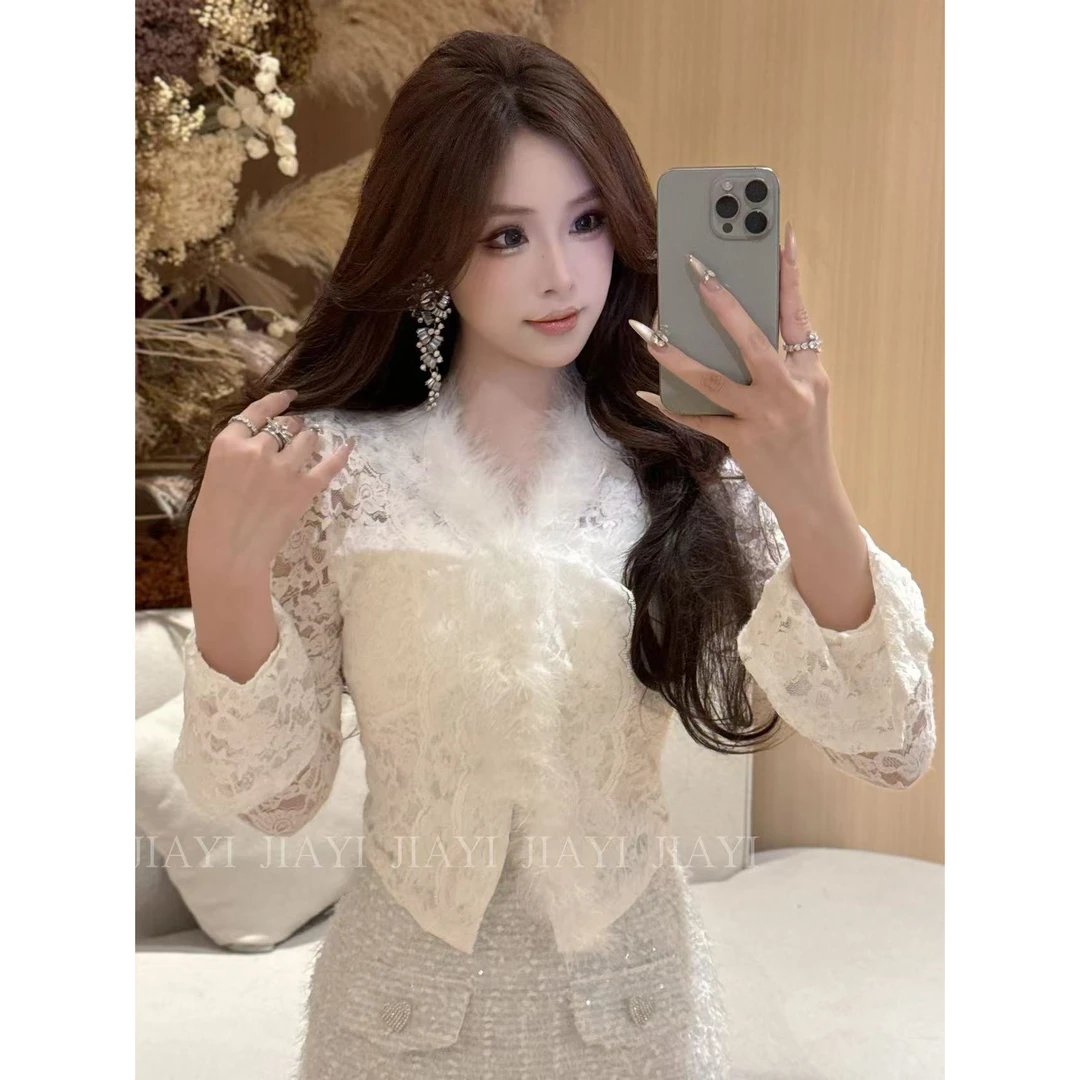 【JIAYI】雪国妲己 法式蕾丝喇叭袖毛毛百搭内搭上衣2585