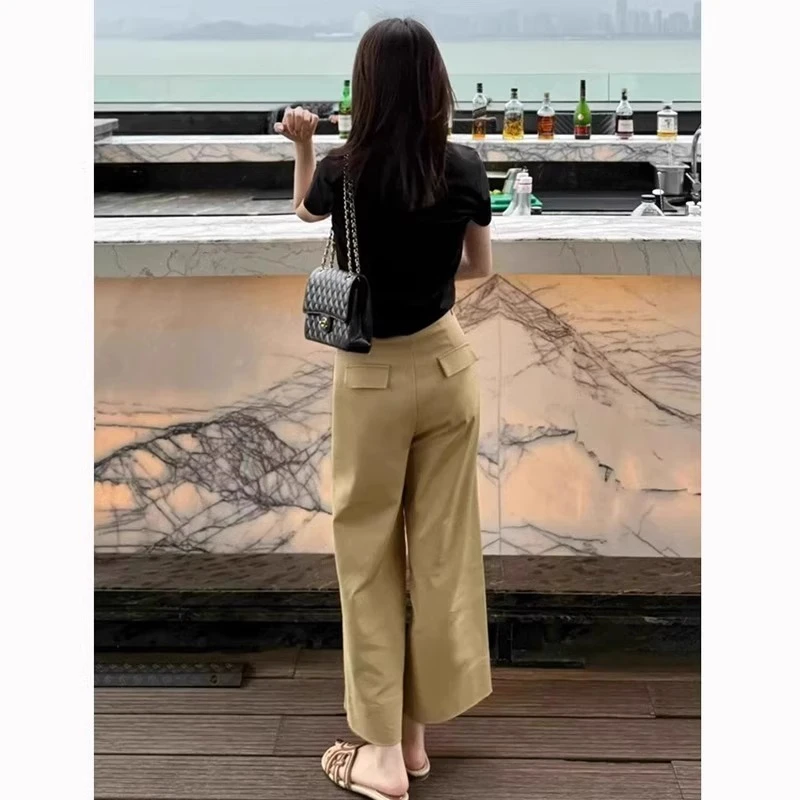 卡其色高腰直筒阔腿休闲裤女夏季2025新款韩版宽松梨形身材九分裤