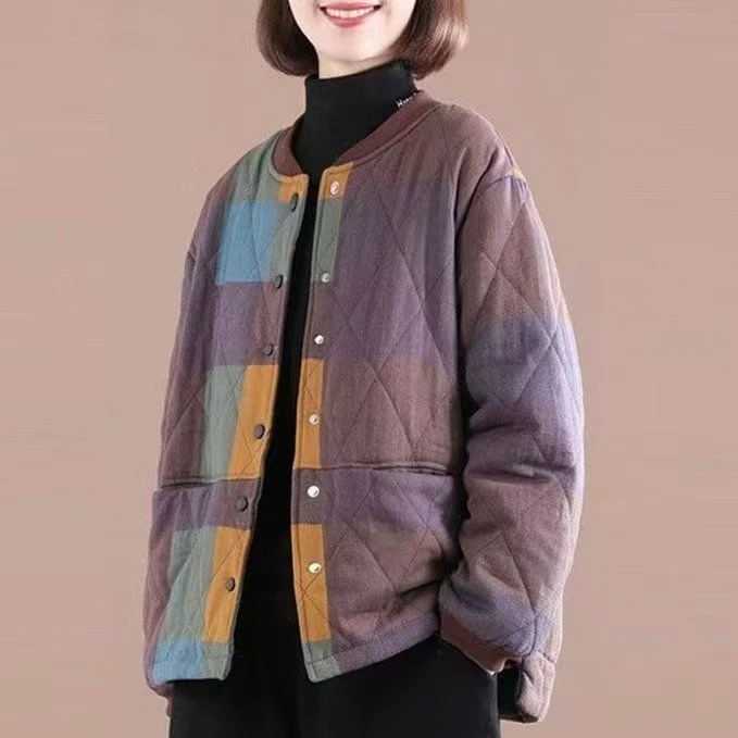 复古新款韩版洋气显瘦宽松棉衣外套大码休闲拼接格子短款棉袄棉服