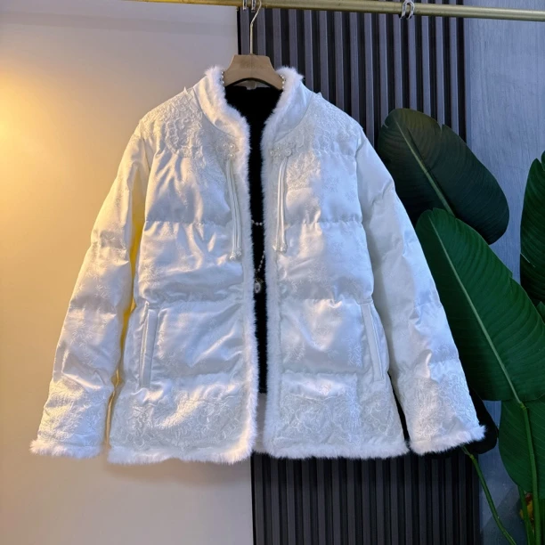 新中式冬季提花毛领立领加厚保暖大码女装复古国风棉服外套