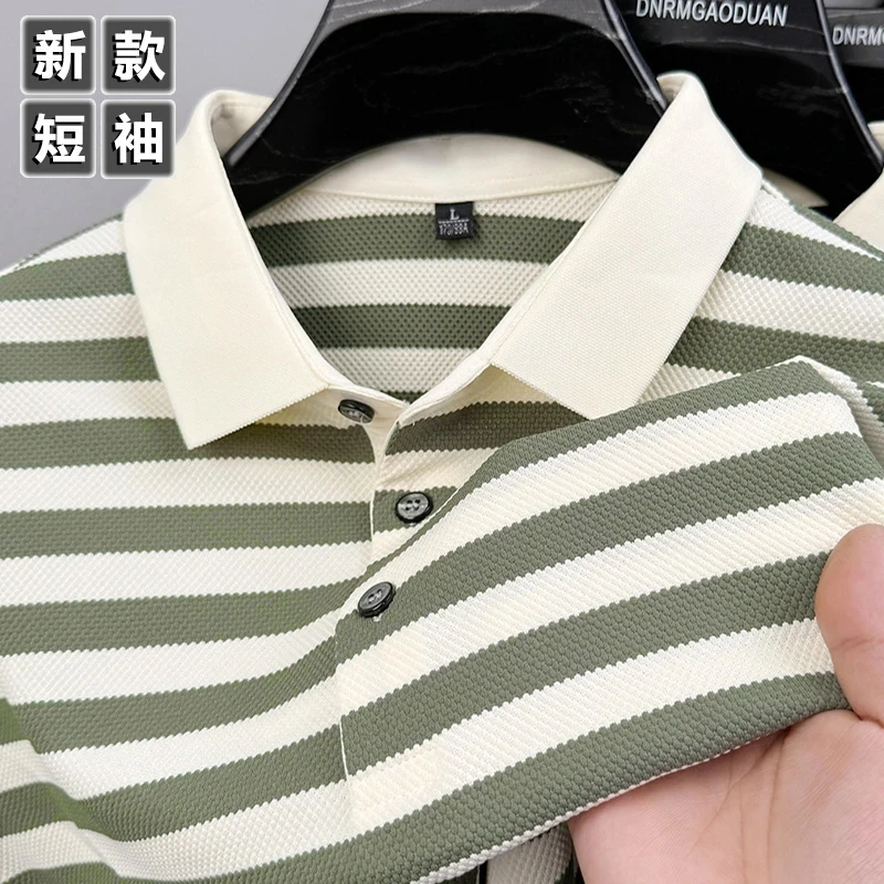 【高弹棉】夏季男士新款潮流休闲条纹POLO衫时尚宽松翻领短袖