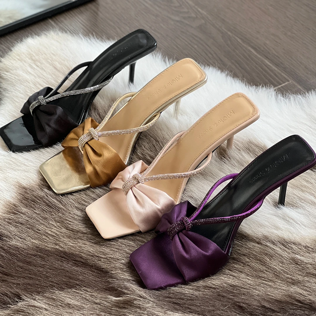 2025夏季方头裸色水钻一字带高跟凉鞋凉拖细跟轻奢半拖鞋子女外穿