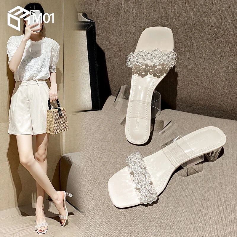 M012025夏季新款水晶跟透明凉鞋女外穿高跟拖鞋粗跟一字带凉拖
