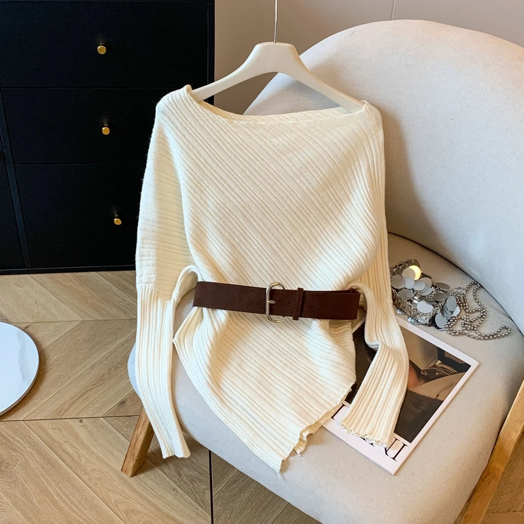 不规则下摆毛衣配腰带上衣秋冬2025新款法式复古斜肩长袖针织衫女