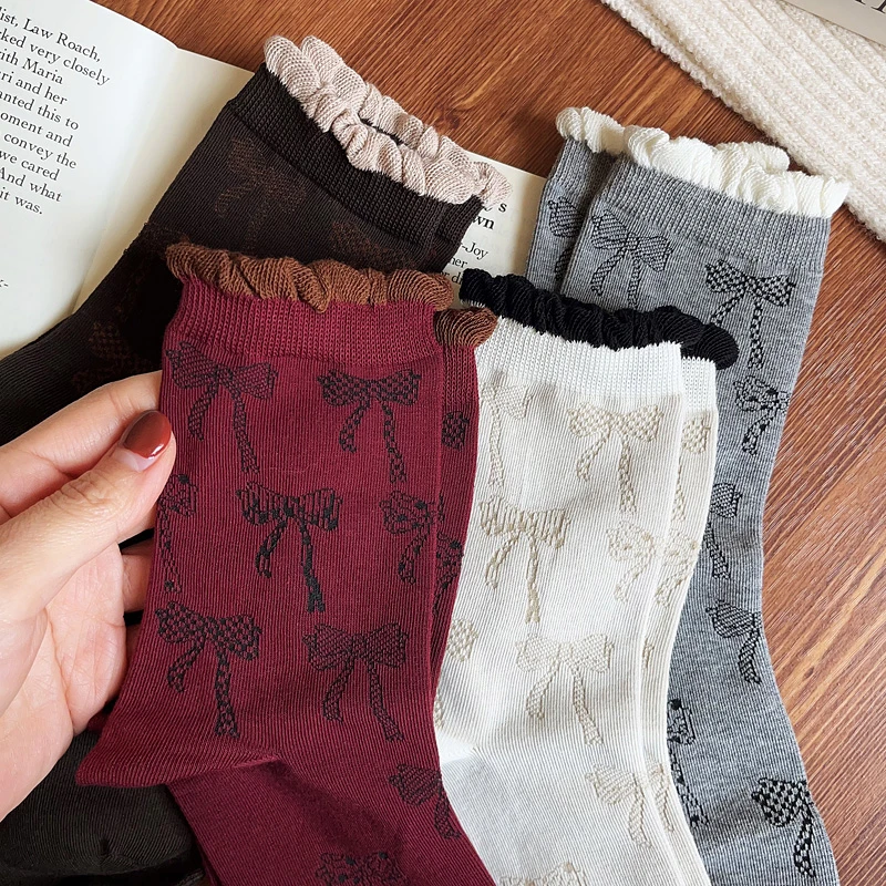 红色花边袜子女款秋冬搭配小皮鞋长袜棉袜中筒袜无骨蝴蝶结堆堆袜