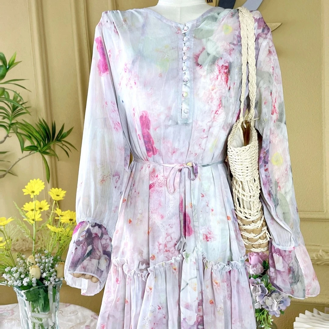 千语栀【桃花映雪】 宽松系带长袖印花雪纺连衣裙收腰百搭鱼尾裙子