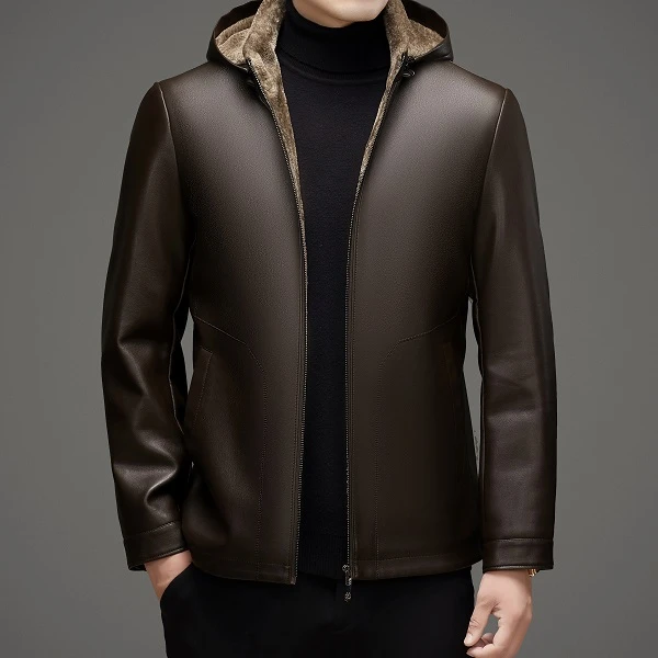 【海宁】男士连帽款加绒加厚真皮休闲商务百搭高档皮衣外套